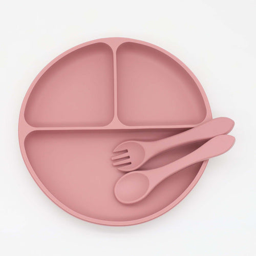 Silicone Round Compartment Dinner Plate With Spoon & Fork Set