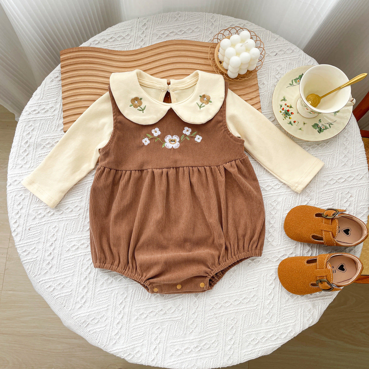 Flower Embroidered Long Sleeve Onesie Set