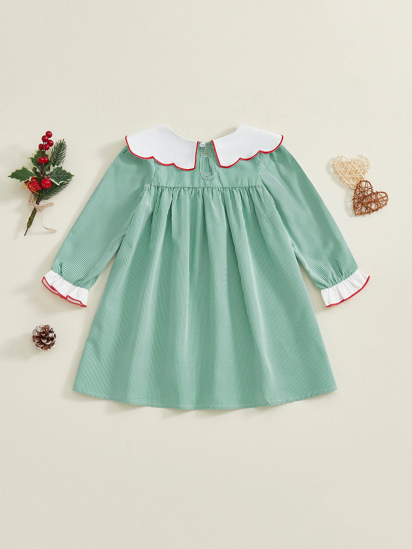 Christmas Plaid Dress – Candy Cane Embroidery & Doll Collar