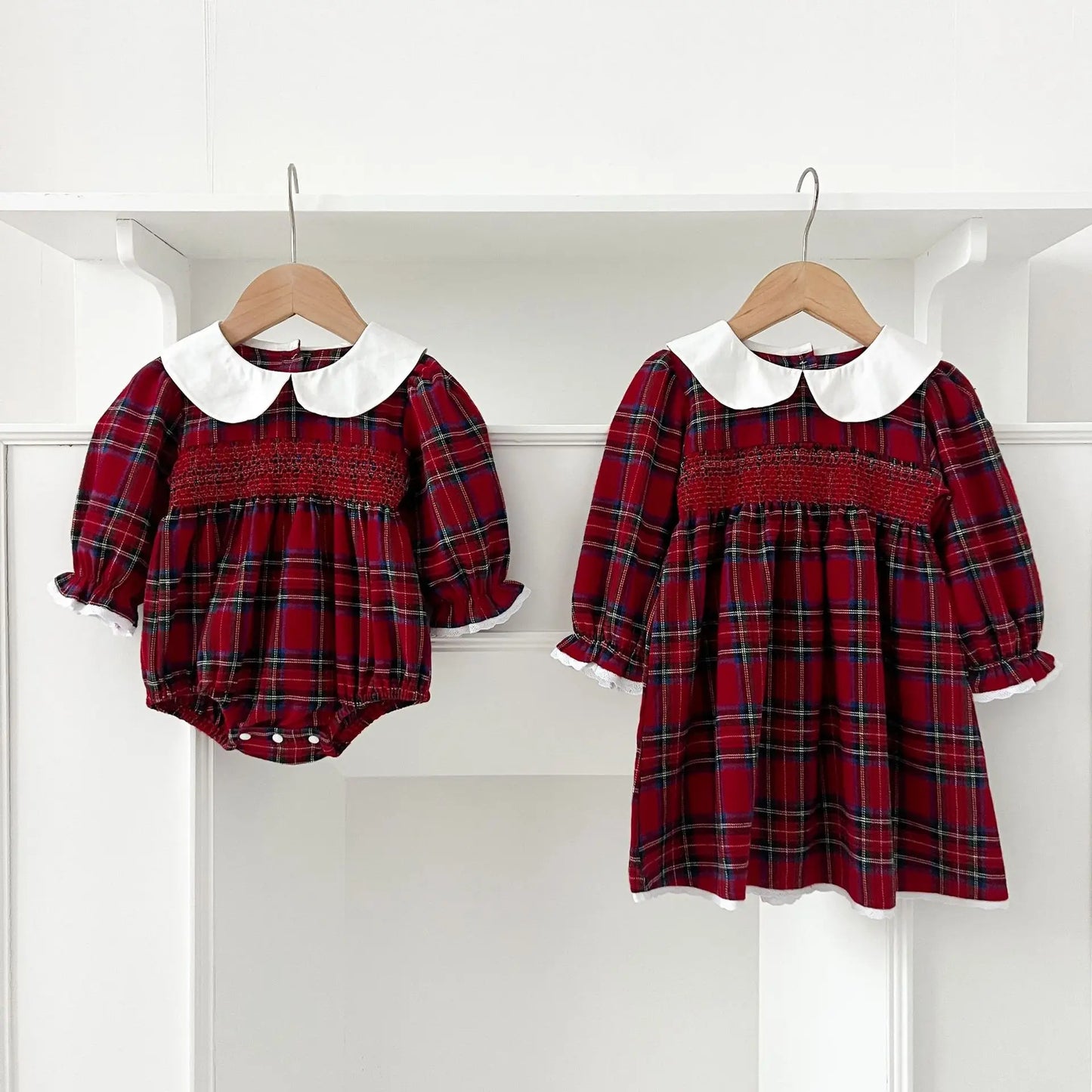 Girls Matching Christmas Outfits – Plaid Cotton Dress & Romper Set