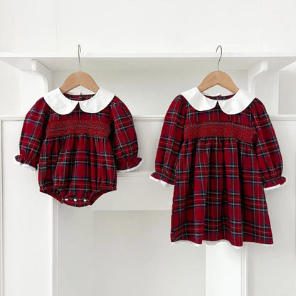 Girls Matching Christmas Outfits – Plaid Cotton Dress & Romper Set