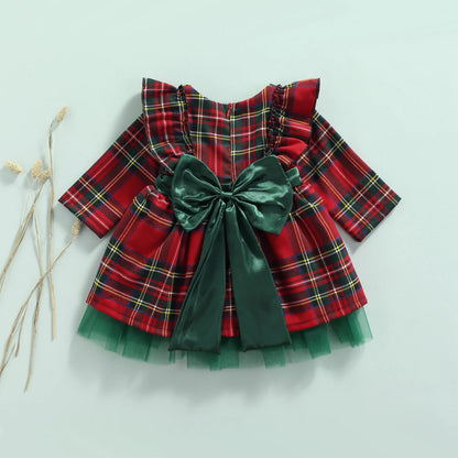 Christmas Big Bow Plaid Princess Dress