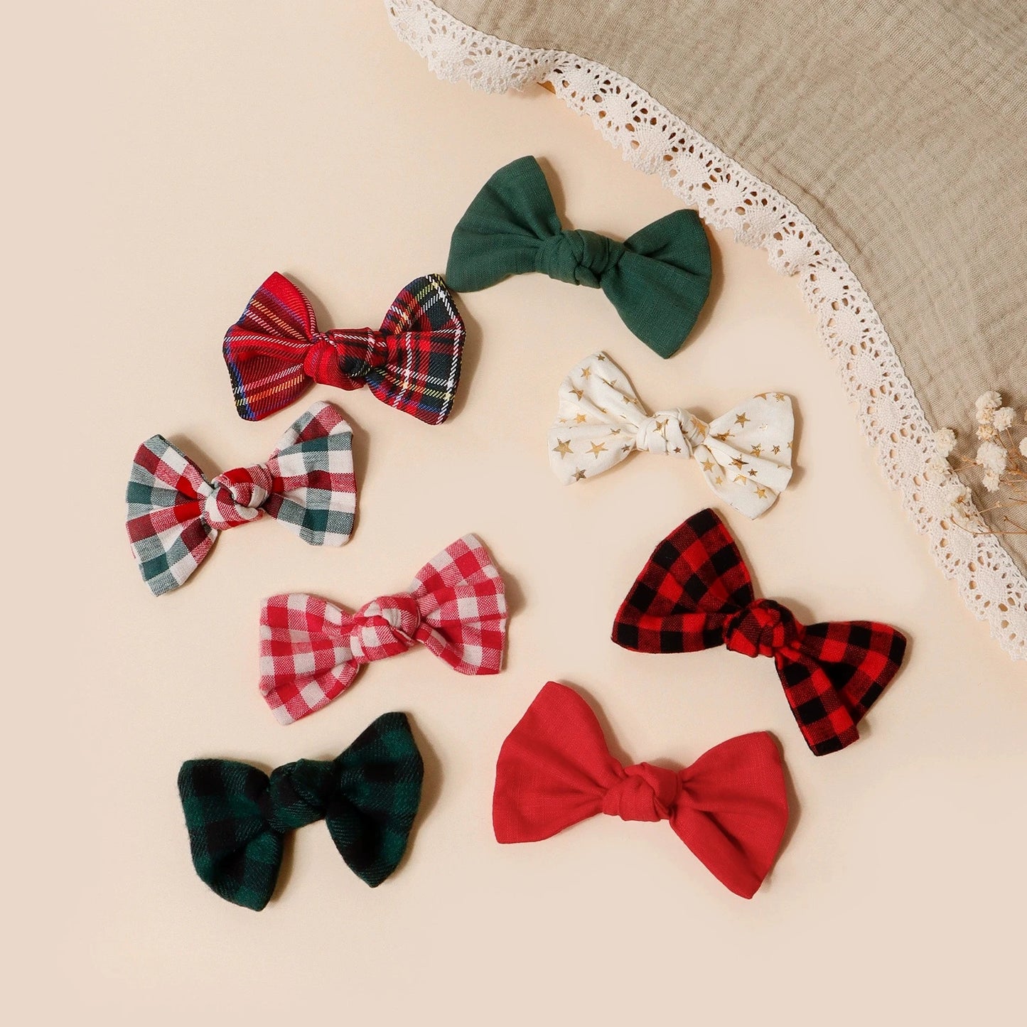 8PCS Knotted Bow Hair Clips for Baby Girls – Christmas Holiday Set