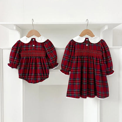 Girls Matching Christmas Outfits – Plaid Cotton Dress & Romper Set