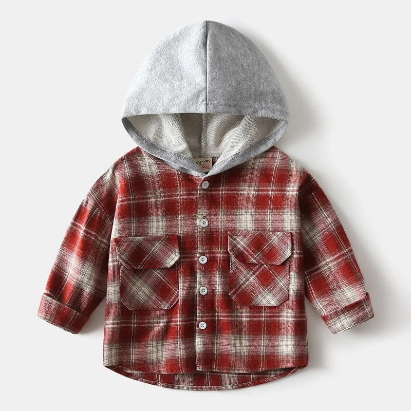 Kids Hooded Plaid Shirt – Long Sleeve Button-Up Jacket