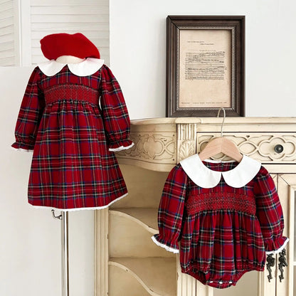 Girls Matching Christmas Outfits – Plaid Cotton Dress & Romper Set