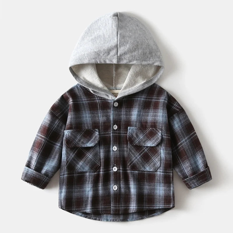 Kids Hooded Plaid Shirt – Long Sleeve Button-Up Jacket