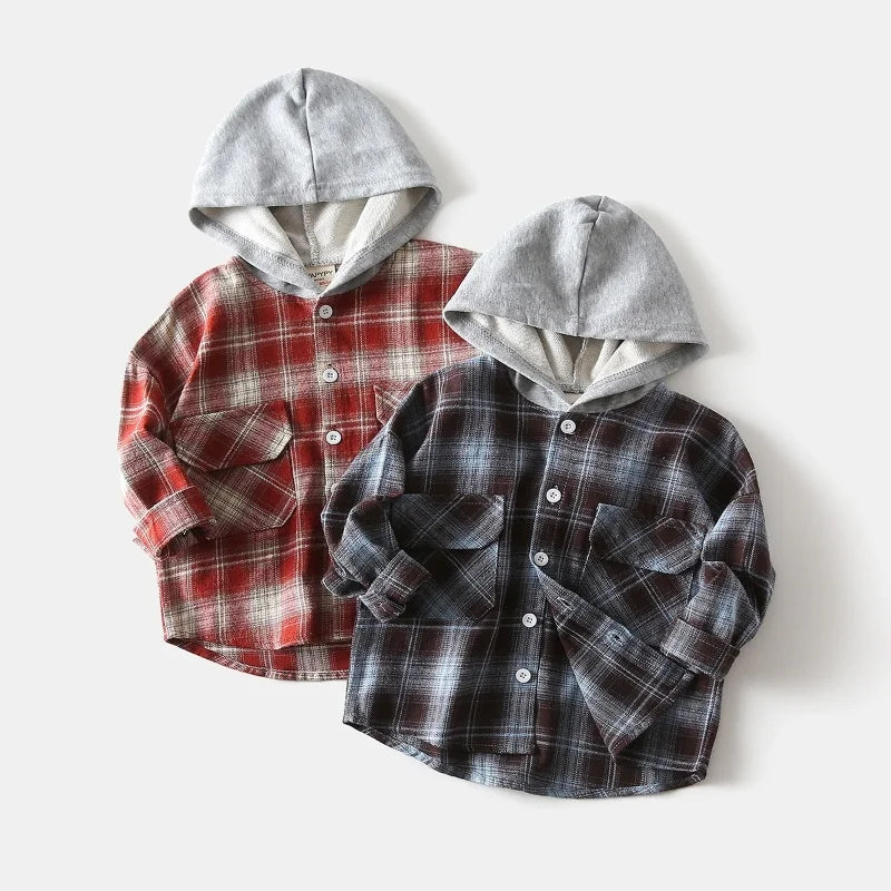 Kids Hooded Plaid Shirt – Long Sleeve Button-Up Jacket