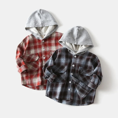 Kids Hooded Plaid Shirt – Long Sleeve Button-Up Jacket
