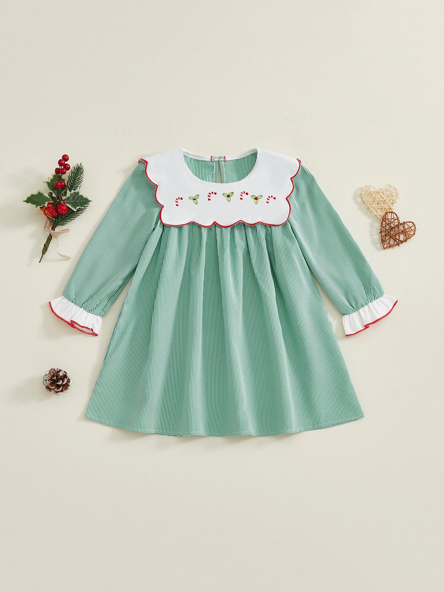 Christmas Plaid Dress – Candy Cane Embroidery & Doll Collar