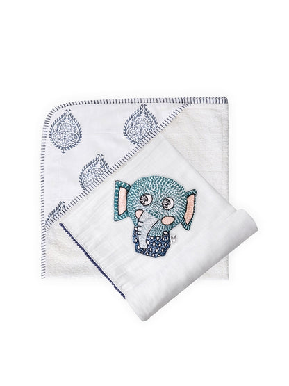 Newborn Essential Set - Hooded Towel, Swaddle + Toy Rattle (3 Pc)