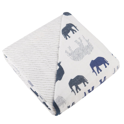 Blue Elephants and Spotted Wave Newcastle Cotton Muslin Blanket