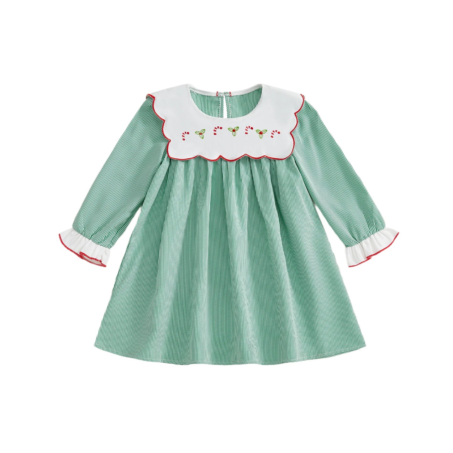 Christmas Plaid Dress – Candy Cane Embroidery & Doll Collar