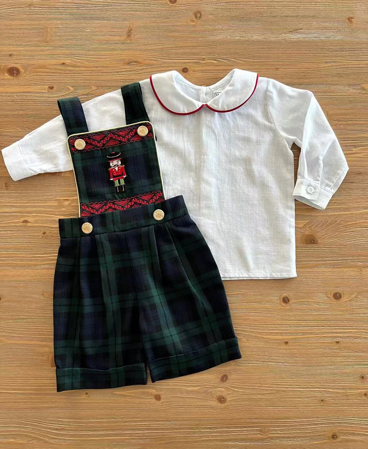 Baby Boy Nutcracker Embroidered Green Plaid Outfit