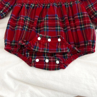 Girls Matching Christmas Outfits – Plaid Cotton Dress & Romper Set