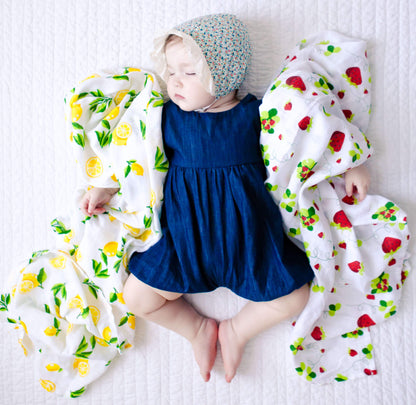 Muslin Swaddle Blanket Set of 2, Lemon and Strawberry Prints