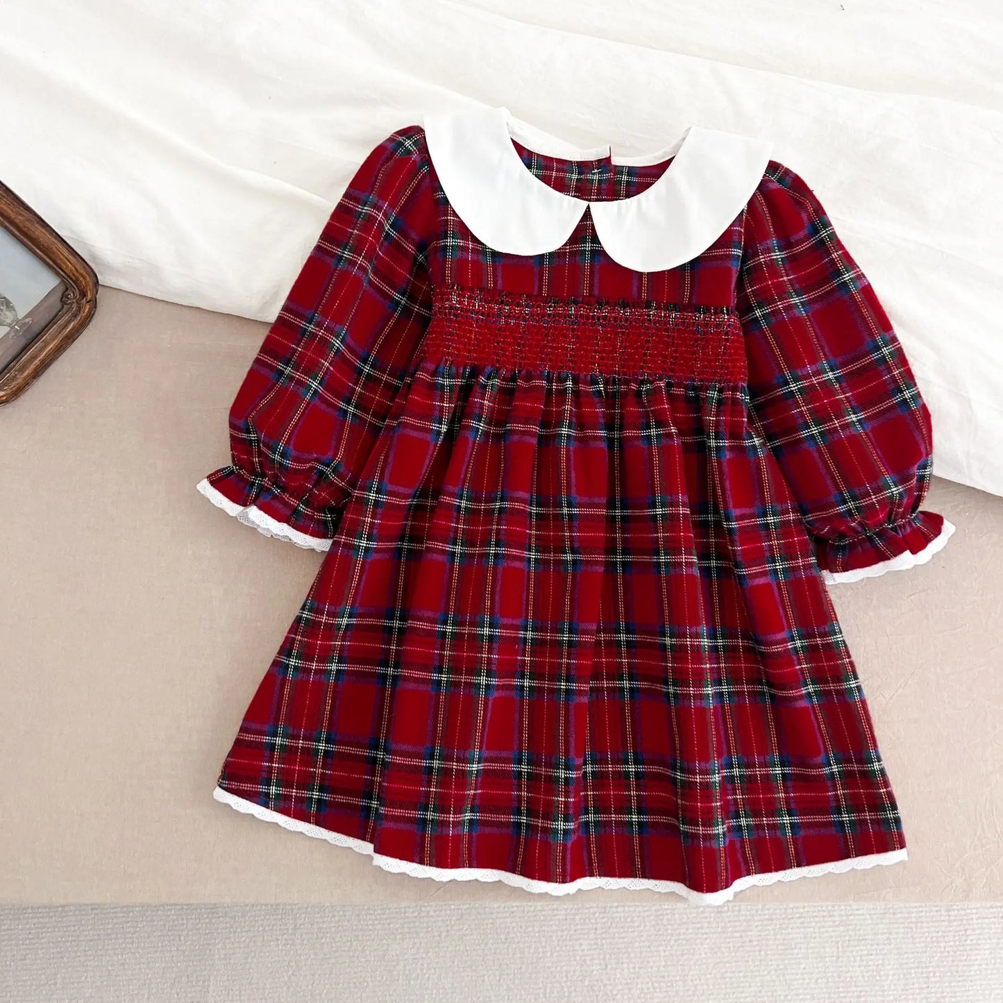Girls Matching Christmas Outfits – Plaid Cotton Dress & Romper Set