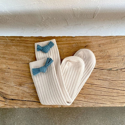 Solid Color Bow Patched Design Mid Tube Socks