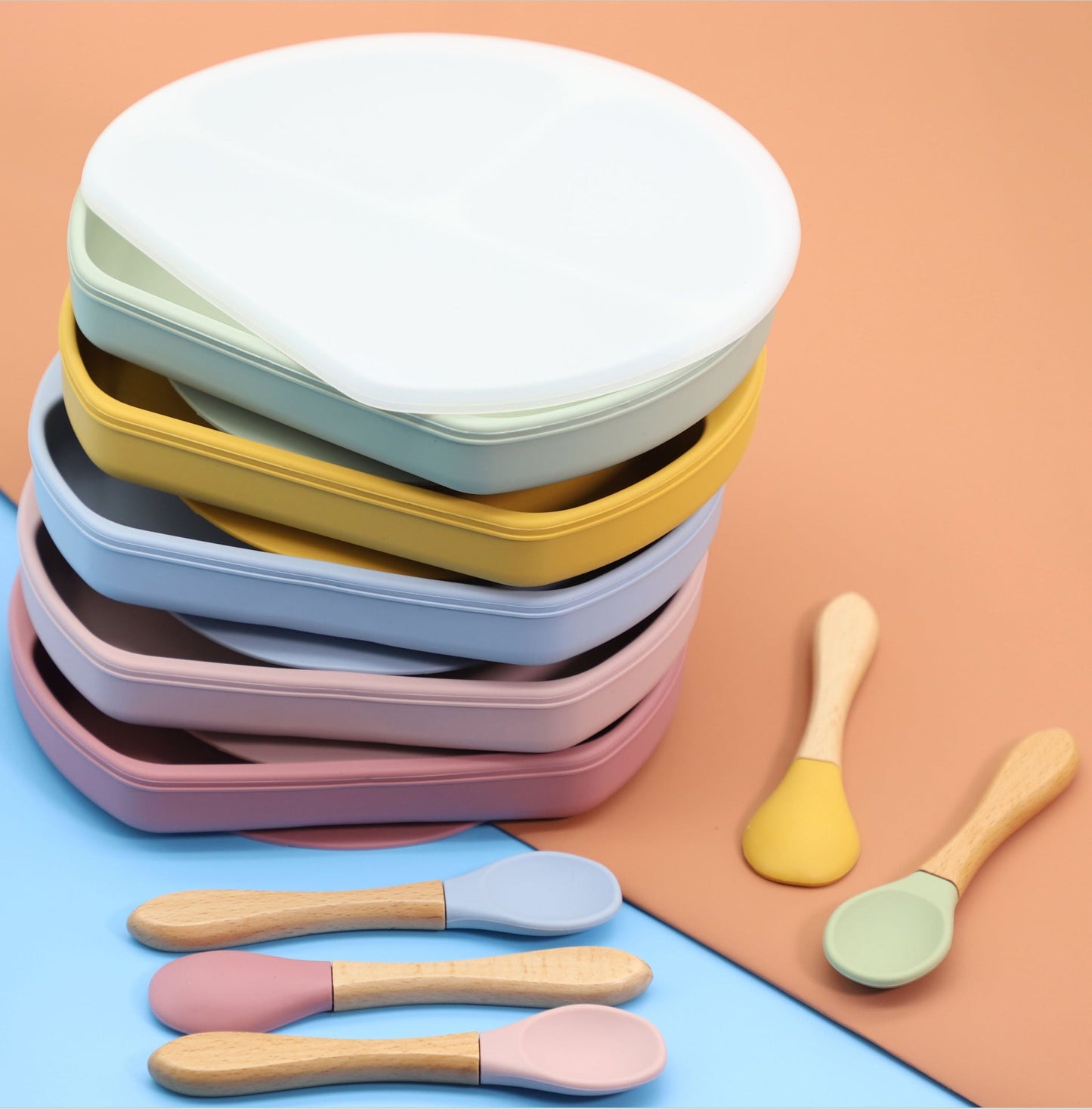 Silicone Compartment Plate With Wooden Spoon