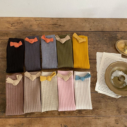 Solid Color Bow Patched Design Mid Tube Socks