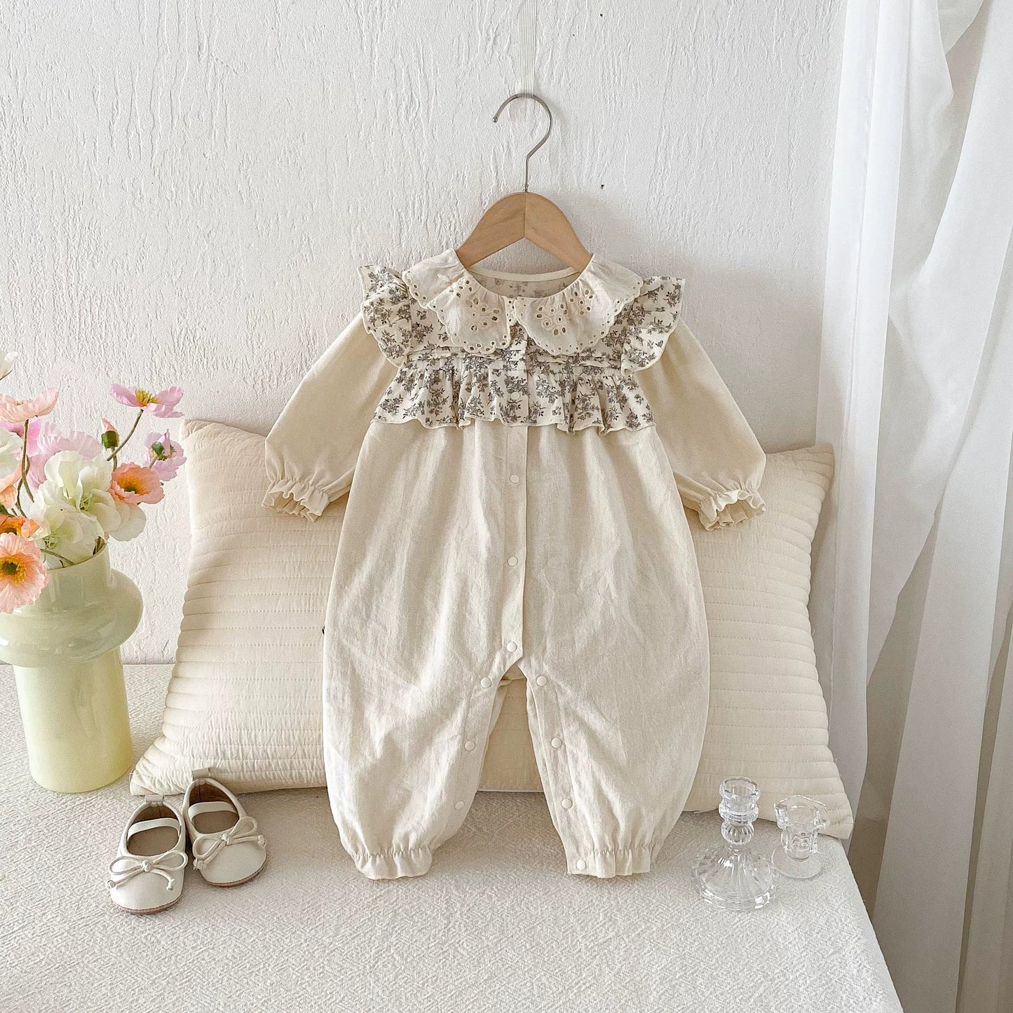 Long Sleeve Flowers Pattern Patchwork Romper