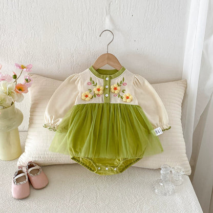 Long Sleeve Flower Pattern Tulle Patchwork Onesie Dress