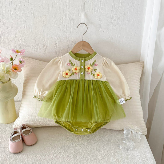 Long Sleeve Flower Pattern Tulle Patchwork Onesie Dress