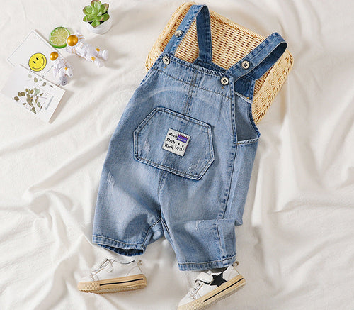 Embroidered Denim Short Overalls with Pocket