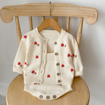 Mushroom Embroidered Sleeveless Onesie & Sweater