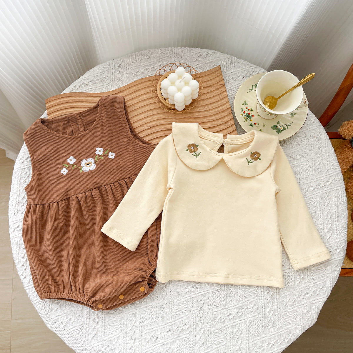 Flower Embroidered Long Sleeve Onesie Set