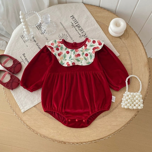 Long Sleeve Cherry Pattern Color Patchwork Onesie