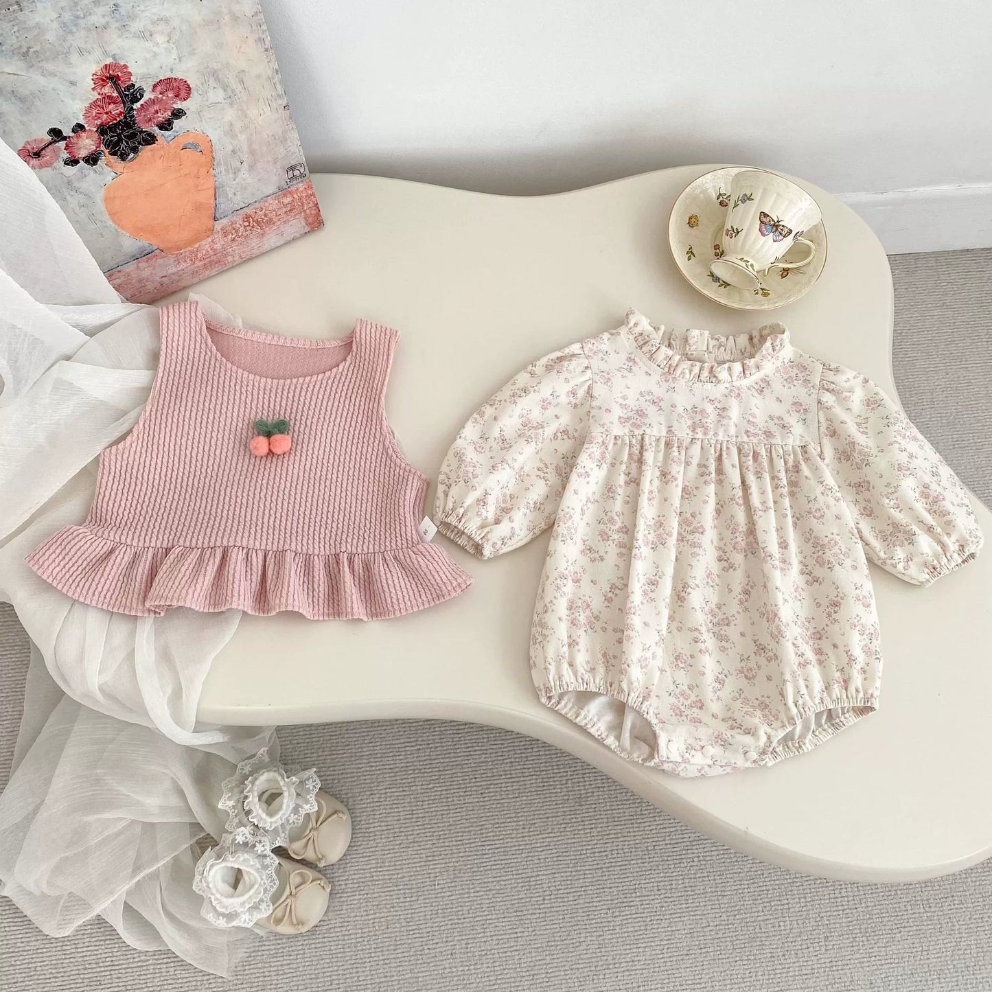 Cherry Decorated Sleeveless Onesie & Vest