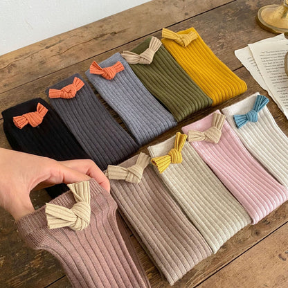 Solid Color Bow Patched Design Mid Tube Socks