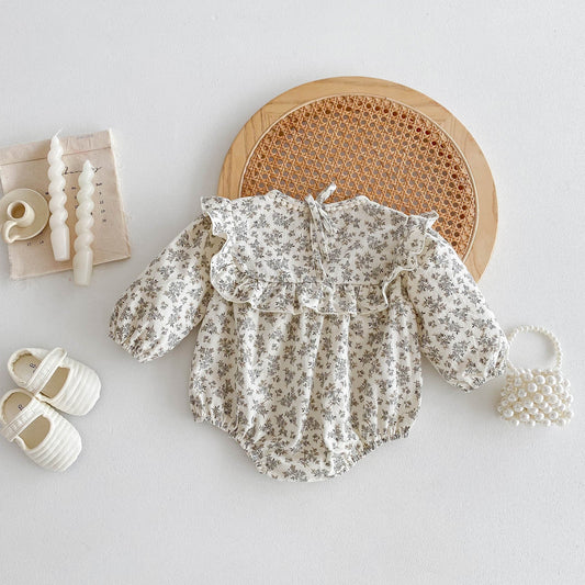 Khaki Floral Print Long Sleeve Onesie