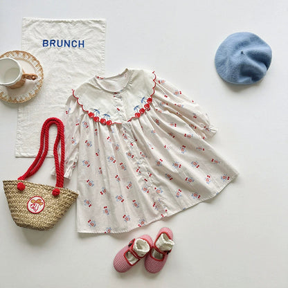 Cherry and Floral Pattern Long Sleeve Dress