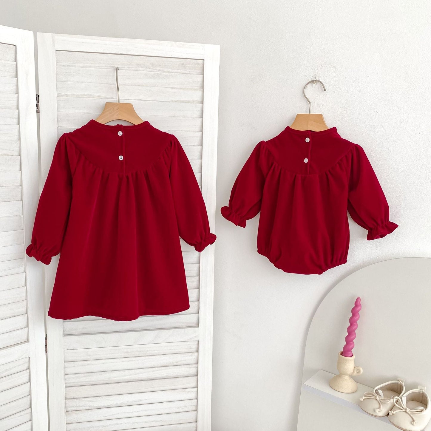 Butterfly-Bows Pattern Long Sleeve Red Dress & Onesie