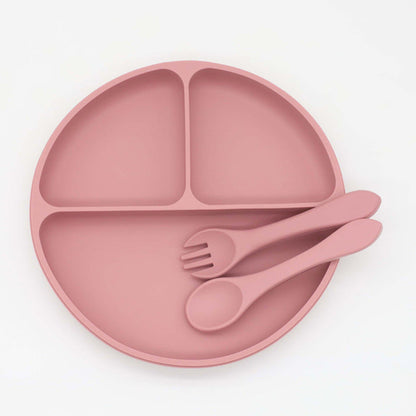 Silicone Round Compartment Dinner Plate With Spoon & Fork Set