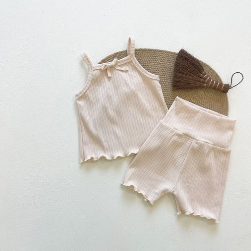 Ribbed Knit Lettuce Trim Design Sling Tops & Shorts Set