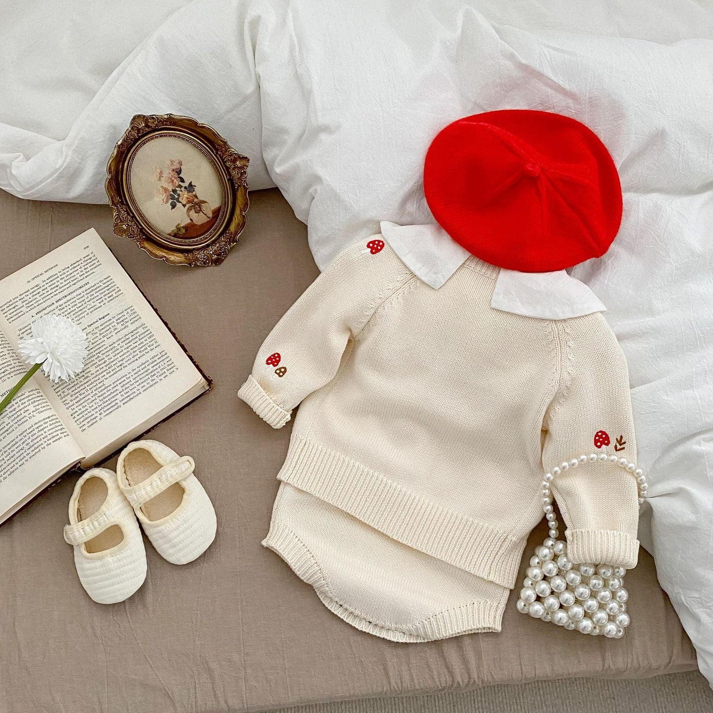 Mushroom Embroidered Sleeveless Onesie & Sweater