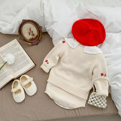 Mushroom Embroidered Sleeveless Onesie & Sweater