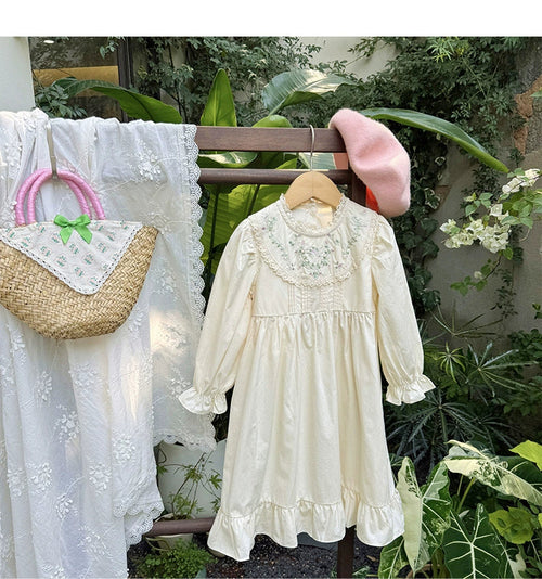 Flower Embroidery Pattern Long Sleeve Dress