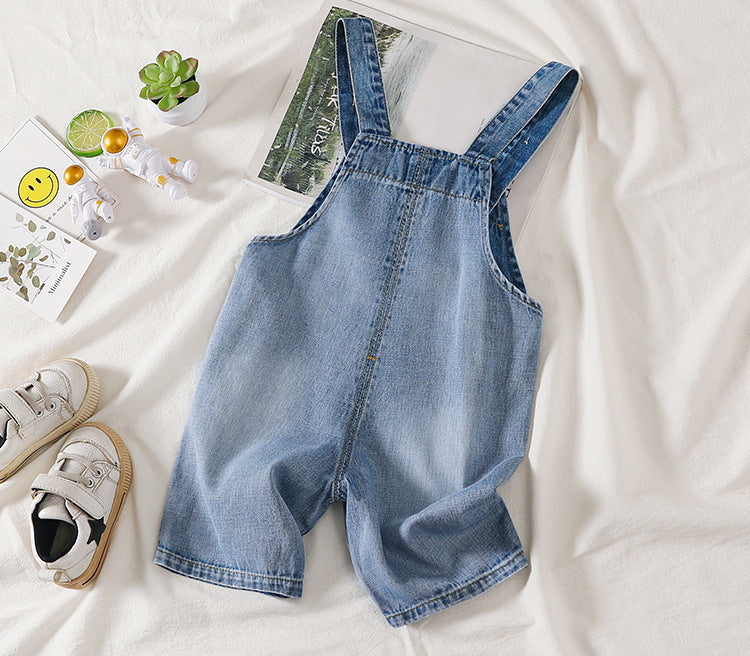 Embroidered Denim Short Overalls with Pocket