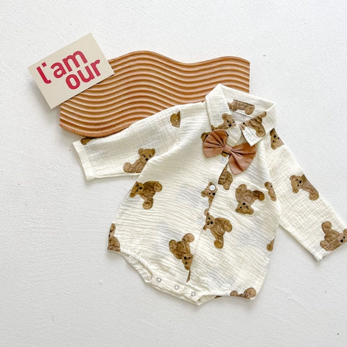 Single-Breasted Bear Print Onesie with Bow Tie