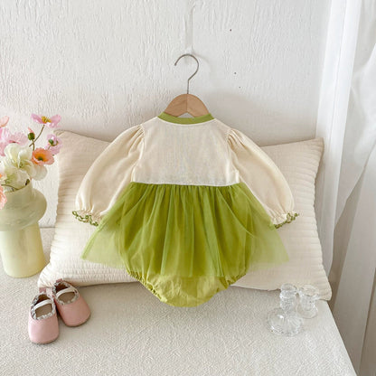 Long Sleeve Flower Pattern Tulle Patchwork Onesie Dress