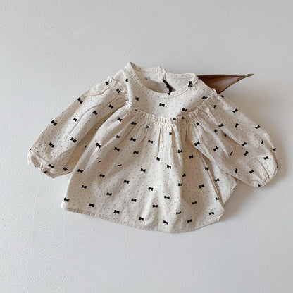 Bow & Polka Dot Graphic A-Line Long Sleeve Shirt Set