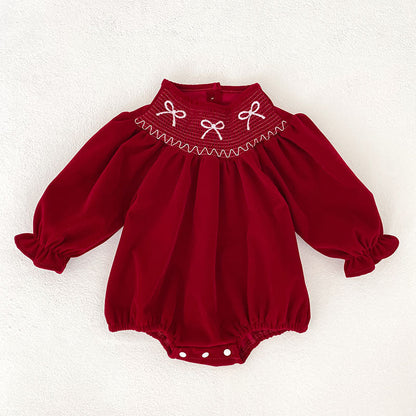 Butterfly-Bows Pattern Long Sleeve Red Dress & Onesie