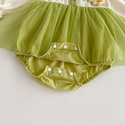 Long Sleeve Flower Pattern Tulle Patchwork Onesie Dress