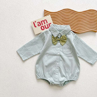Single-Breasted Bear Print Onesie with Bow Tie