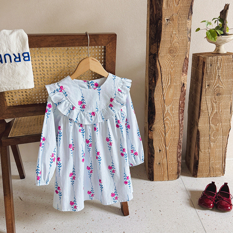 Floral Pattern Long Sleeve Crew Neck Dress