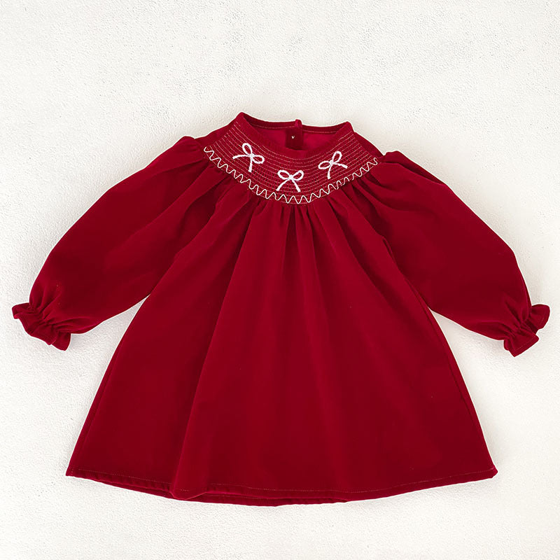 Butterfly-Bows Pattern Long Sleeve Red Dress & Onesie